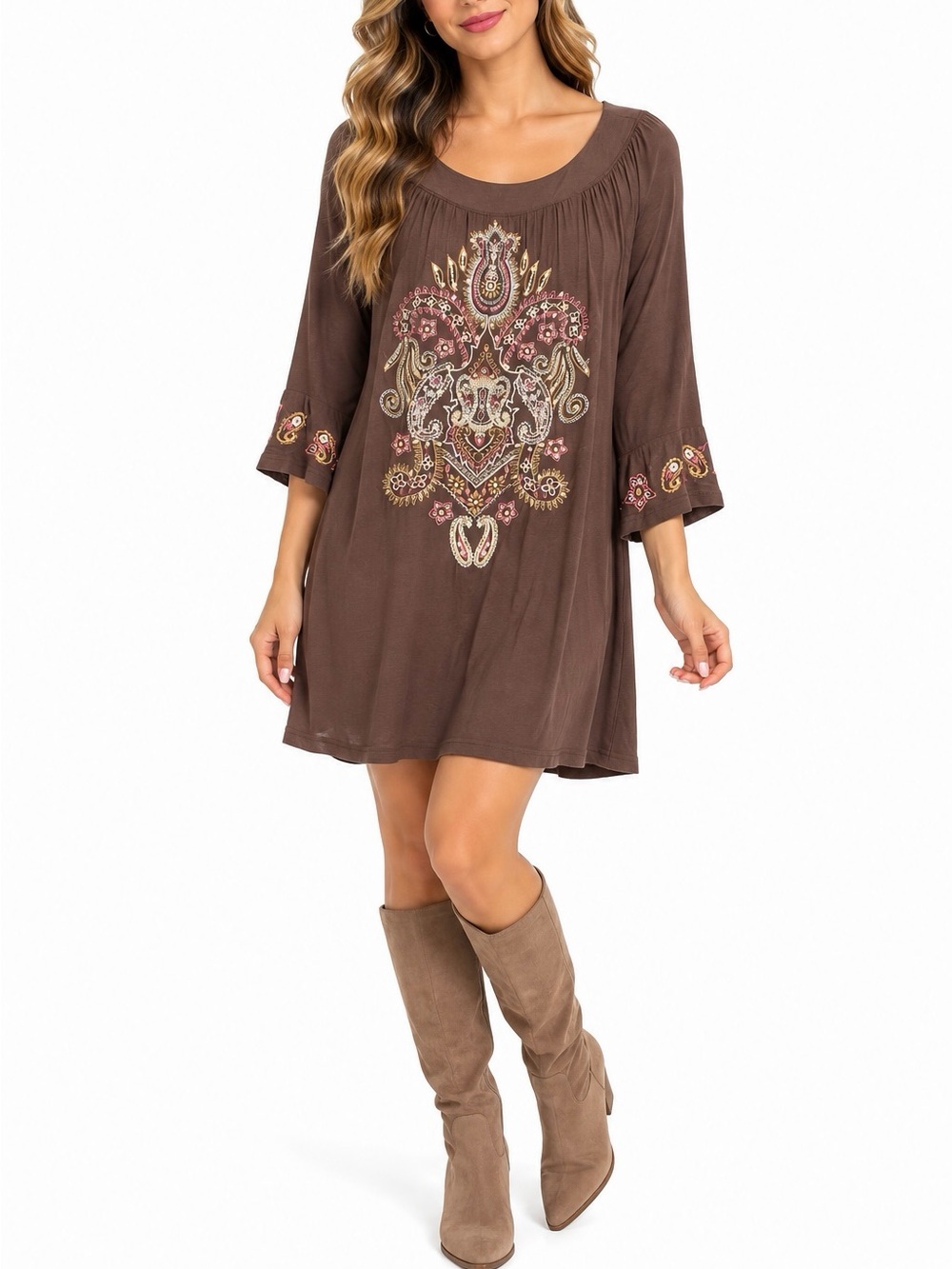 Real Brown Embroidered Boho Tunic Dress Size L Paisley 3/4 Sleeve